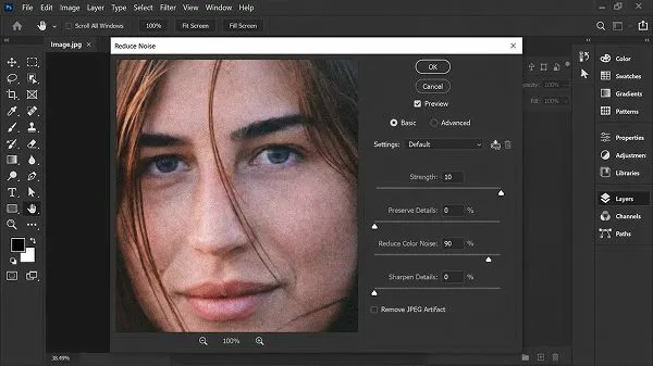 adjusting noise in Adobe Photoshop for grainy photo